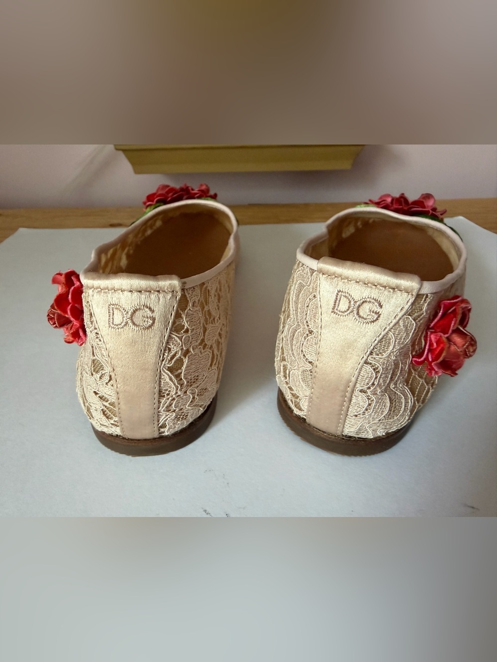 Dolce & Gabbana Beige Lace Ballet Flats with Pink Trim and Red Floral Appliqué - Picture 6 of 17